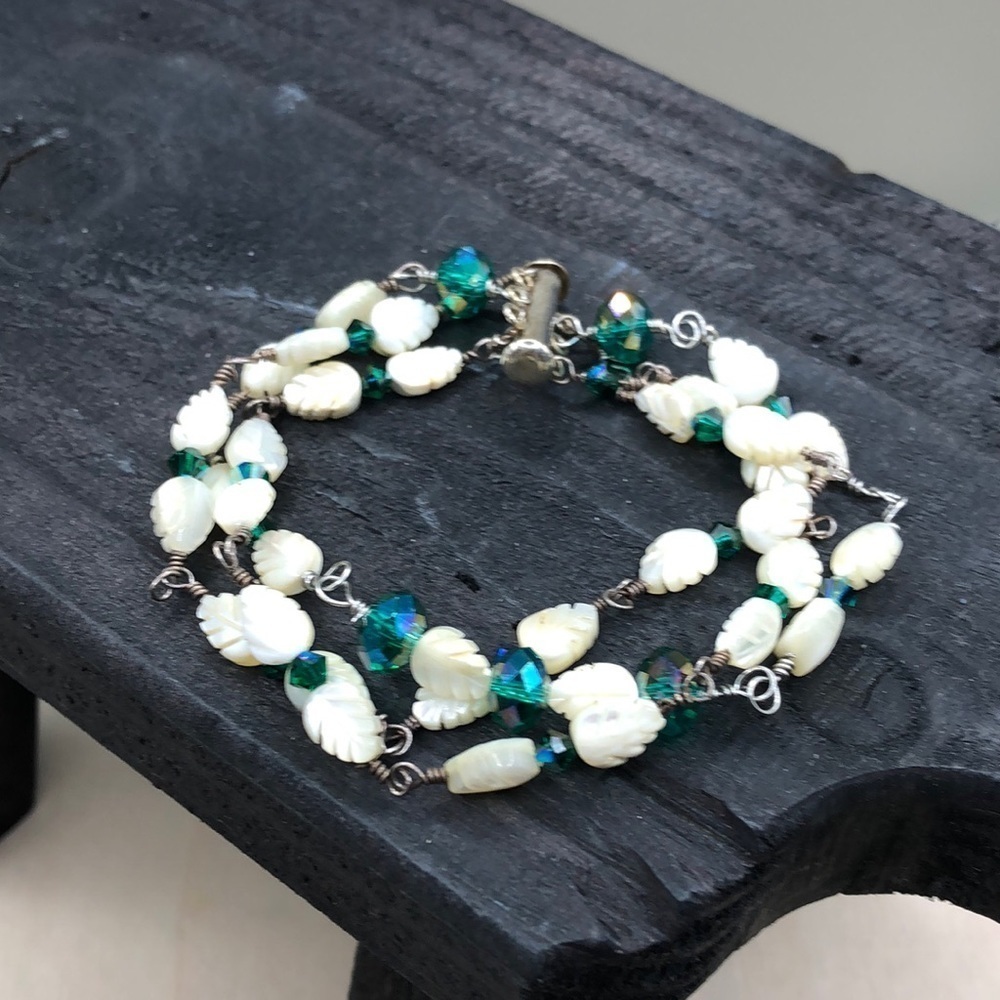 Artisan handcrafted handmade carved mother of pearl leafy bracelet, boho.